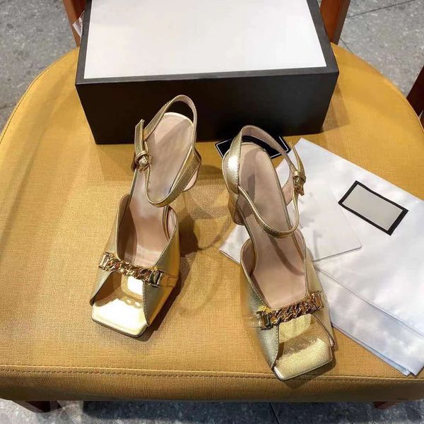 Sandalias de mujer de estilo romano con punta abierta y tacones altos, diseño de cadena de metal, zapatos de vestir de fiesta completos, embalaje exquisito