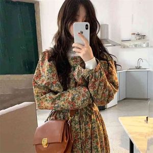 Romance Vintage peinture à l'huile sentiment Robe une ligne manches bouffantes Robe longue Vintage Robe Longue Vestido Largo 210401