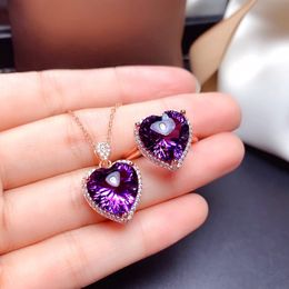 Romantisch 18k Rose Gold Heart Shape 4ct Amethyst Sieraden Set 925 Sterling Silver Engagement Wedding Rings ketting voor vrouwen