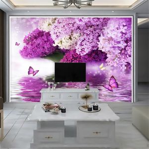 Romantische 3d Bloem Behang Behang Dromerige Paarse Bloemen Vlinder Woonkamer Slaapkamer Interieur Home Decor Schilderen Muurschildering Wallpapers