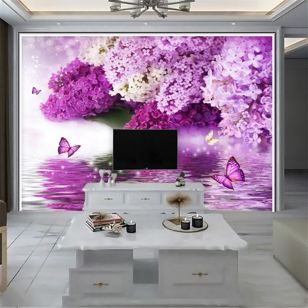 Papel pintado de flores 3d romántico papeles de pared de ensueño púrpura Floral mariposa sala de estar dormitorio Interior decoración del hogar pintura Mural fondos de pantalla