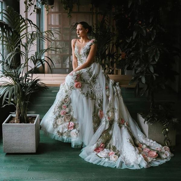 Vestidos de novia románticos con flores en 3D, vestidos bohemios de cuello transparente para jardín, vestidos sexis con espalda abierta y manga casquillo, vestido de recepción de tul 2023