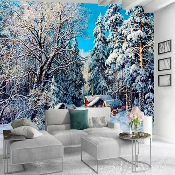 Papier peint paysage romantique 3d, beau paysage de neige, intérieur moderne, salon, chambre à coucher, cuisine, peinture murale