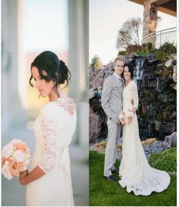 Robes de mariée de plage romantique 2017 avec 34 manches dentelle de bijou à manches modestes modestes Boho Bohemian Bridal Vestidos de Noiva Country ST4251299