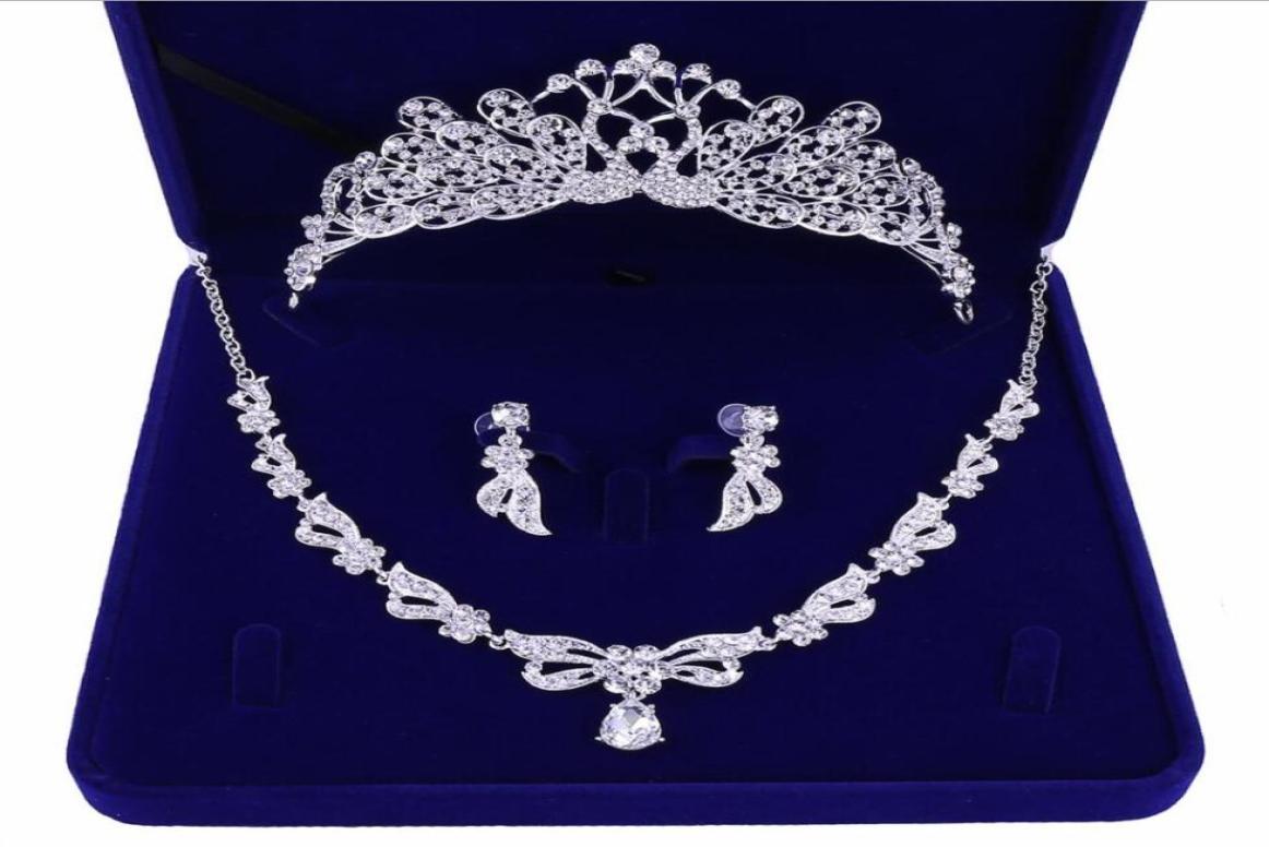 Romantisk pärlstav kristall tre stycken brud smycken set brud halsband örhänge krona hår tiaras bröllop parti tillbehör billigt5710059