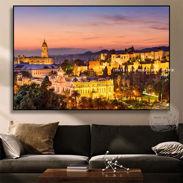 Belleza romántica Malaga Ciudad de España Noche Sunset Landscape Art Cartes de arte Pintas de lona Impresiones de pared Fotos Decoración del hogar Cuadros