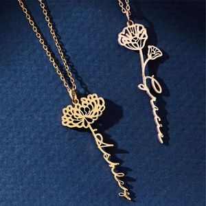 Romantic Birth Month Flower Custom Name Necklaces Pendant For Women Stainless Steel Personalized Nameplate Choker Jewelry Gifts