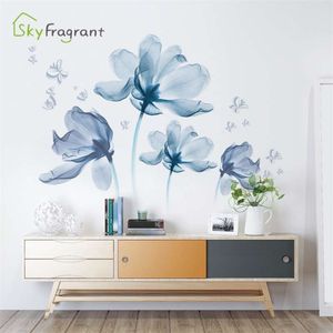 Romantische blauwe bloemen muursticker woonkamer slaapkamer decor home achtergrond muur decor zelfklevende stickers kamer decoratie 210929