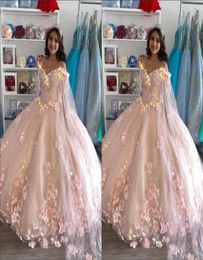 Robes de Quinceanera brodées rose blush romantique 2021 robe de bal avec cape robe fleurs florales 3D perlées longues à volants doux 15 P3792764