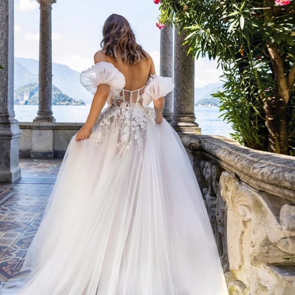 Vestido de novia de encaje bohemio romántico 2022 elegante flor una línea de tul vestidos de novia de jardín rural con mangas mujeres ropa de novia batas de mariage vestidos novia