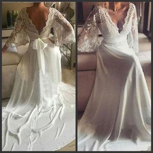 Romántico Boho con cuello en V Apliques de encaje Vestidos de baile Vestido de noche largo de gasa en la playa con faja Tren de barrido Mangas de poeta Vestidos de fiesta para mujer