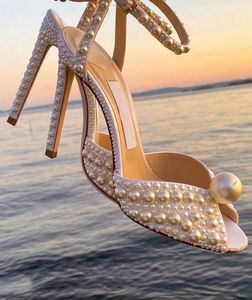 Romantique mariée mariage Sacora sandales chaussures femmes perles blanches talons hauts marque Designer dame pompes parfait gladiateur Sandalias cadeau EU35-43