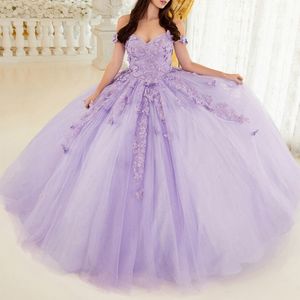 Romantique papillon lilas lavande Quinceanera robes hors de l'épaule Caftan perlé à lacets corset bal doux 16 robe robes