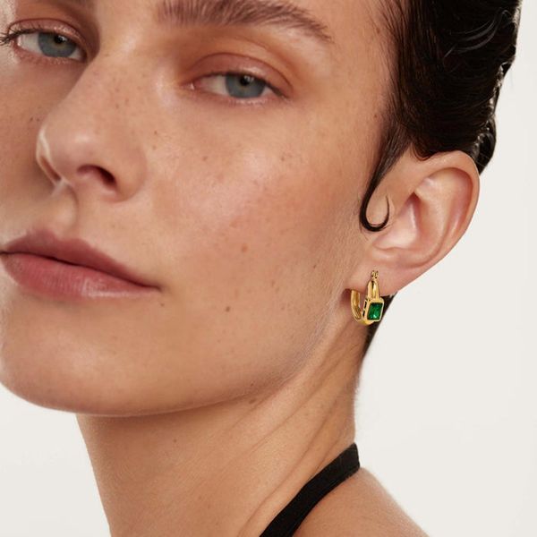 Pendientes de oro amarillo de 14k con aro de circón cuadrado colorido romántico, accesorios para mujer con temperamento, pendientes de uso diario, joyería minimalista para niñas cúbicas