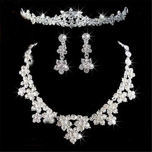 Romantisch kristal drie stukken sieraden sets bloemen bruids sieraden set bruid ketting oorbel kroon tiaras bruiloft accessoires