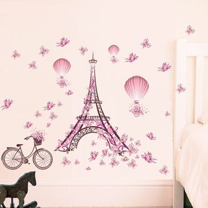 Romántico Torre Eiffel pegatinas de pared calcomanías sala de estar dormitorio decoración bicicleta flor globo de aire caliente decoración de la boda