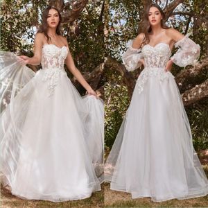 Romantique longueur de plancher tulle une ligne robes de mariée 3D dentelle florale appliques chérie corset longues robes de mariée avec manches détachables