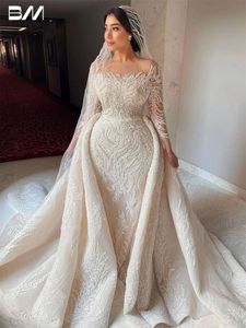 Romantische vloerlengte trouwjurk Classic O-Neck Bridal Jurk lange mouw A-Line bruid jurken Vestido de novia