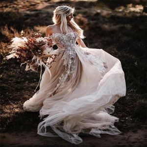 Romantique Floral Dentelle Pays Robe De Mariée Une Ligne Hors Épaule Dos Nu Sexy Tulle Plage Boho Robes De Mariée Longue Bohème Mariée Dre285P