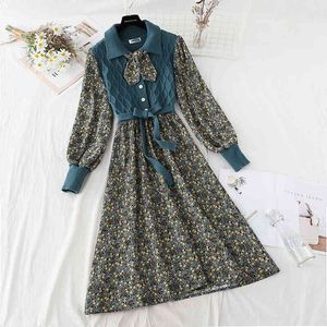 Romantische bloemprint gebreide patchwork corduroy partij herfst elegante single-beest elastische taille boog sjerpen jurk 210416