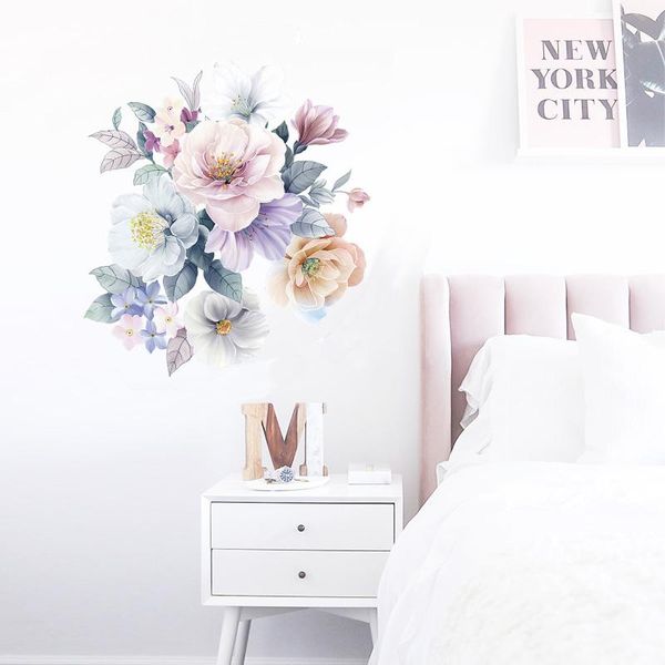 Adhesivo de pared de flores románticas para decoración del hogar, sala de estar, dormitorio, papel tapiz de Color agua literario, pegatinas extraíbles