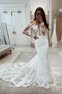 Romantic Full Lace Mermaid Wedding Dresses Sheer Long Sleeve Appliques Jewel Neck Long Bridal Gowns Garden Boho Robe de mariage