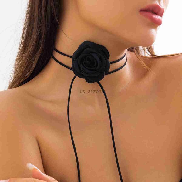 Romántico gótico gran rosa flor clavícula collar de cadena para mujeres damas moda coreana cuerda ajustable gargantilla Y2K accesorios L230620