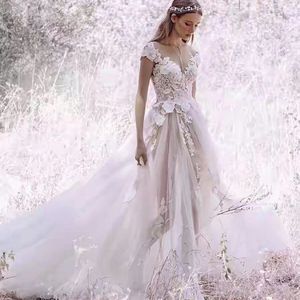 Robe de mariée de plage bohème en dentelle 3D fleur appliquée jupe en tulle 2022 jolie une ligne col en V robes de mariée sexy robes de mariée dos nu