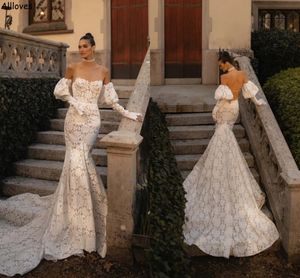 Robes de mariée sirène en dentelle romantique, style bohème, manches longues bouffantes détachables, trompette, sans bretelles, dos nu, robes de mariée sexy CL2792