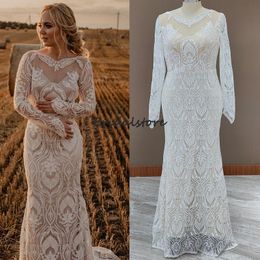 Romantique Dentelle Boho Robe De Mariée 2022 Élégante Plus La Taille À Manches Longues Sirène Bohème Robe De Mariée Pays Civil Mariée Robe De Soirée Vintage Robe De Soir￩e Mariage