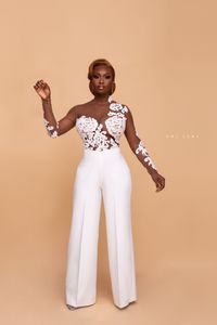 Romantische kanten jumpsuit jurk enkellengte juweel geappliqued op maat gemaakte broekpak lange mouwen strand bruiloft jurk