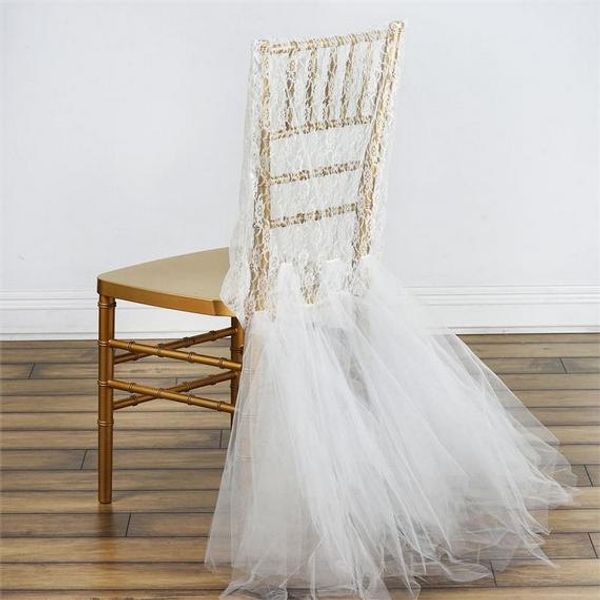 Funda para silla de boda de encaje romántico con volantes de tul, fundas para sillas de novio y novia, funda para silla Chiavari hecha a medida