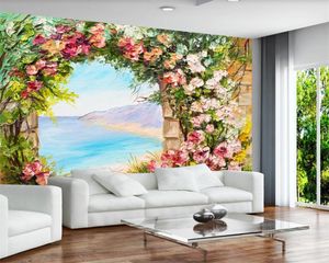 Romantisch Landschap 3D Wallpaper Dreamy Esthetische Liefde Zee Boog Bloem Landschap Olieverfschilderij Muurschildering Decoratieve 3D Muurschildering Behang