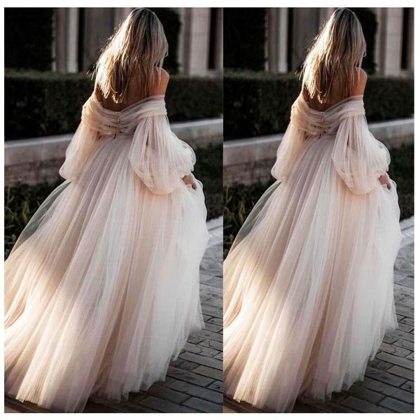 Romantique Rose clair Princesse Robes de Mariée 2019 chérie Appliqued Puff manches longues robe de mariée A-ligne Tulle Boho robe de mariage