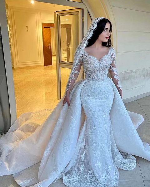 Vestido de novia romántico de sirena con tren desmontable encaje de lujo manga larga vestido de novia dos en uno Convertible Iglesia nupcial