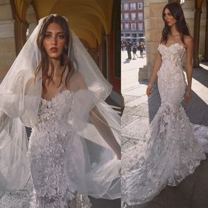 Robes de mariée sirène romantiques 3D-Floral Appliques dentelle robes de mariée Illusion balayage Train Robe robes de mariée sur mesure
