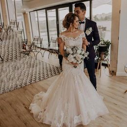 Romantische zeemeermin trouwjurken van de schouder appliques kant lange bruidsjurken backless vestido de novia