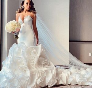 Robes de mariée sirène romantique chérie satin tulle à volants longue train robe de mariée sexy 2023 nouveau design sur mesure robe de mariee