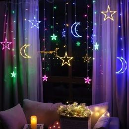 Romántica luna estrella LED cortina cadena iluminación tira vacaciones boda guirnalda decoración fiesta 25 m luces 231227