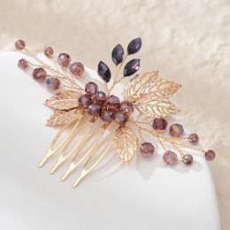 Nouveau mariage romantique Marriage de mariage Gol Leaf Purple Rhingestone Crystal Hair Peigne