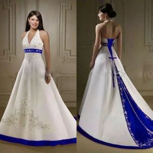 vintage blanco y azul real una línea de vestidos de novia escote halter con cuentas bordado satén capilla tren corsé vestidos de novia robe de mari￩e