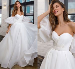 Romantische organza trouwjurk afneembare bladerdeeg mouwen elegante zoete a-lijn bruidsjurk prinses jurken vestido de noiva 2022 robe mariage