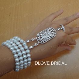 Romántica perla Crytal Pulsera nupcial con anillo En stock Listo para enviar Accesorio de boda Cadena de mano Joyería nupcial R2348