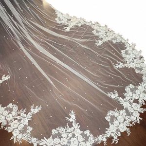 Perles romantiques voile de mariage avec des appliques de dentelle florale partielle Bling paillettes dentelle perles voile de mariée accessoires de mariage 15Yx #