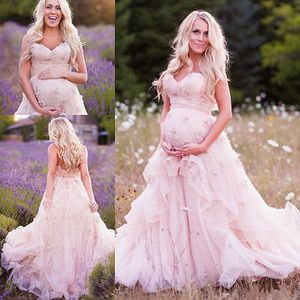 Romantische roze organza zwangere trouwjurken sexy sweetheart vloer lengte gebonden handmade bloem 2017 hot koop vestido de noiva
