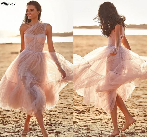 Romantique rose tulle plissé une ligne robes de soirée cocktail une épaule sans manches longueur de thé robes de bal courtes à lacets dos grande taille femmes robe formelle CL3442