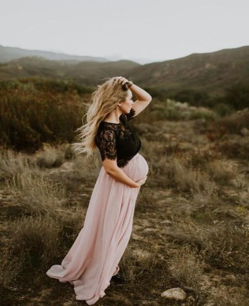 Románticos vestidos de fiesta de dos piezas de dos piezas de encaje negro de manga corta para el cuello de la marisma barato del vestido de maternidad Boho Beach 2055557006