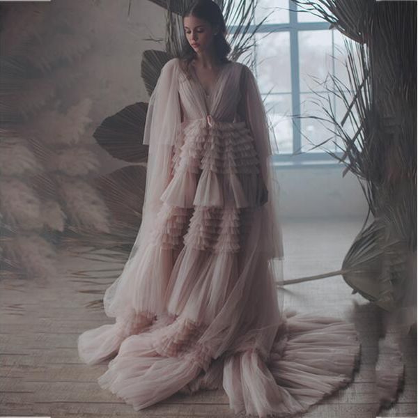 Romantique grossesse Photoshoot Wraps robes Babyshower col en V une ligne robe de maternité pour la photographie jupes à plusieurs niveaux femmes robe