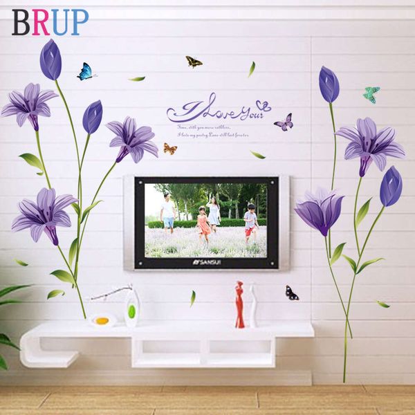 Pegatina de pared de flores de lirio morado romántico TV decoración de sofá arte vinilo decoración del hogar hermoso papel tapiz de mariposa calcomanía de pared