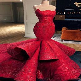 Romantische Rode Zeemeermin Sweetheart Satijn Formele Avondjurken Kant Pailletten Lange Prom Jurken Pageant Jurken 2019 New209T